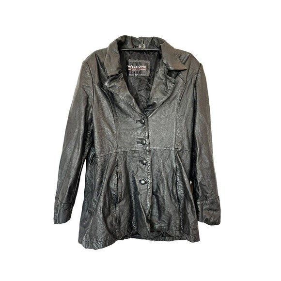 Wilson's Black Leather Women's Jacket Button down Mid length Size Large - Picture 1 of 10